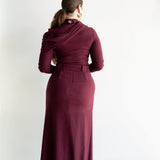 Lai High Waist Asymmetrical Button Skirt in Maroon with Gold Buttons