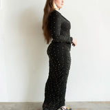 Sitara Long Sleeve Embellished Draped Maxi Dress in Black and Gold Beads