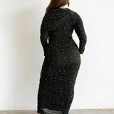 Sitara Long Sleeve Embellished Draped Maxi Dress in Black and Gold Beads