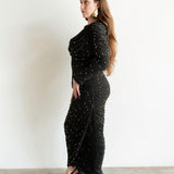 Sitara Long Sleeve Embellished Draped Maxi Dress in Black and Gold Beads