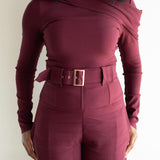 Nia Asymmetrical Shoulder Draped Long Sleeve Top in Maroon
