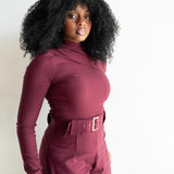Nia Asymmetrical Shoulder Draped Long Sleeve Top in Maroon