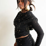 Anu Long Sleeve Draped Top in Black with Gold Beads