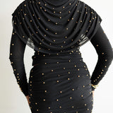Anu Long Sleeve Draped Top in Black with Gold Beads