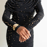 Anu Long Sleeve Draped Top in Black with Gold Beads