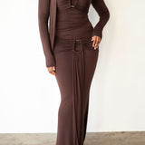 Mila Long Sleeve Top with Neck Ties and Central Draping in Mocha Brown
