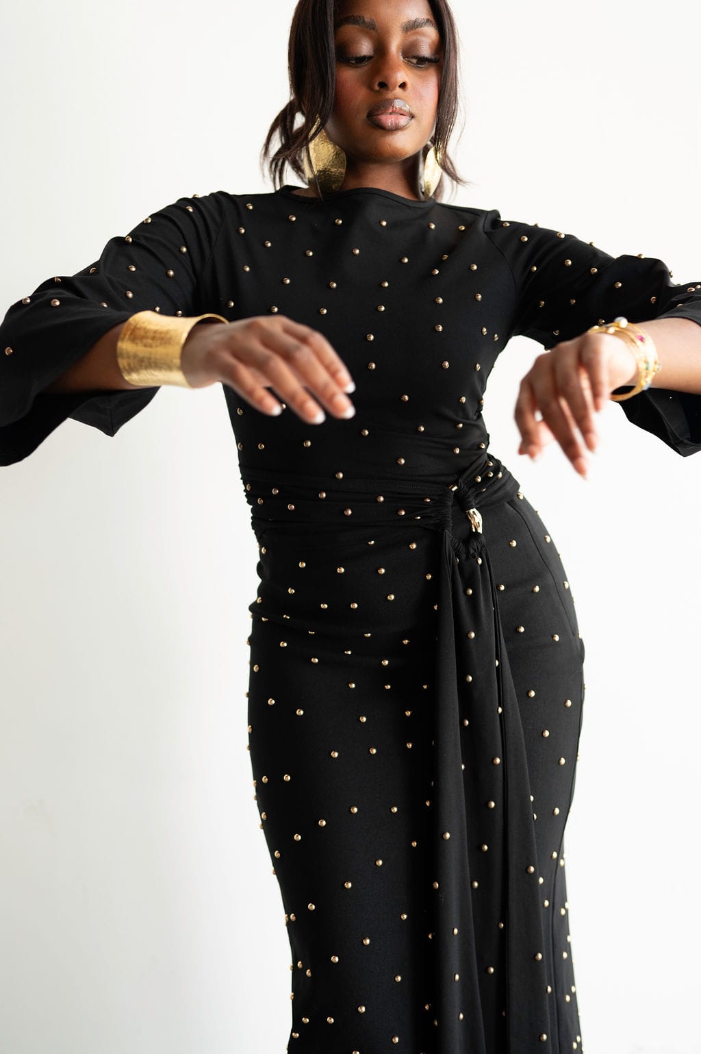 The Perfect Elevated T-Shirt with Draping in Black with Gold Beads L
