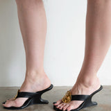 Zari Thong Wedge Sandal in Black and Gold