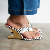 Abila Pony Hair Thong Wedge Sandal with Gold Heel in Zebra Print