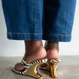Abila Pony Hair Thong Wedge Sandal with Gold Heel in Zebra Print