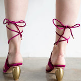 Raina Velvet Lace Up Sandal with Gold Heel in Plum