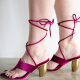 Raina Velvet Lace Up Sandal with Gold Heel in Plum