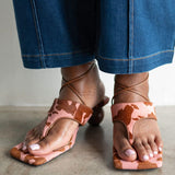 Malu Pony Hair Lace Up Thong Sandal with Ball Heel in Cow Print