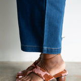 Malu Pony Hair Lace Up Thong Sandal with Ball Heel in Cow Print