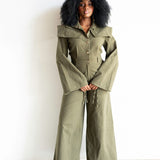 Kayla Long Sleeve Wide Leg Utility Jumpsuit in Olive Green
