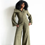 Kayla Long Sleeve Wide Leg Utility Jumpsuit in Olive Green
