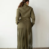 Stacy Fringe Track Maxi Skirt in Olive Green