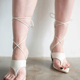 Raina Lace Up Sandal with Wooden Heel in White