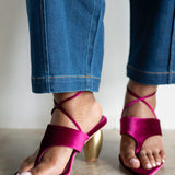 Raina Velvet Lace Up Sandal with Gold Heel in Plum