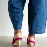 Raina Velvet Lace Up Sandal with Gold Heel in Plum