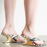 Abila Pony Hair Thong Wedge Sandal with Gold Heel in Zebra Print