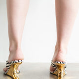 Abila Pony Hair Thong Wedge Sandal with Gold Heel in Zebra Print