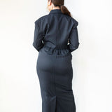 Ade Long Sleeve Cropped Blazer in Navy Pinstripe