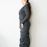 Tolu Ribbed Ruched Maxi Skirt in Heather Grey