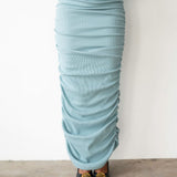 Tolu Ribbed Ruched Maxi Skirt in Ice Blue