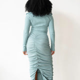 Tolu Ribbed Ruched Maxi Skirt in Ice Blue