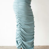 Tolu Ribbed Ruched Maxi Skirt in Ice Blue