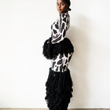 Wura High Neck Long Sleeve Tassel Knit Top in Black and White Print