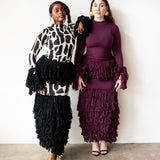 Wura High Neck Long Sleeve Tassel Knit Top in Black and White Print