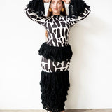 Wura High Neck Long Sleeve Tassel Knit Top in Black and White Print
