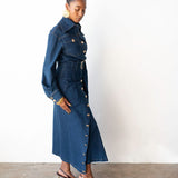 Lai Statement High Waist Asymmetrical Button Skirt in Denim with Gold Buttons
