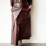 Lai High Waist Asymmetrical Button Skirt in Vegan Leather Mahogany