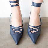 Lacy Lace-Up Unique Heel in Navy Blue 