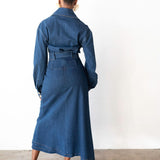 Statement Exaggerated Collar Long Sleeve Denim Top with Gold Buttons