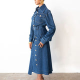 Statement Exaggerated Collar Long Sleeve Denim Top with Gold Buttons