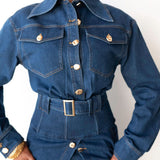 Statement Exaggerated Collar Long Sleeve Denim Top with Gold Buttons