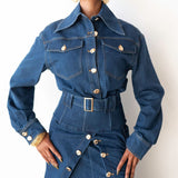 Statement Exaggerated Collar Long Sleeve Denim Top with Gold Buttons