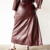 Lai High Waist Asymmetrical Button Skirt in Vegan Leather Mahogany