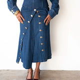 Lai Statement High Waist Asymmetrical Button Skirt in Denim with Gold Buttons