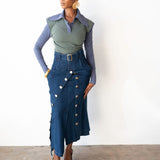 Valentina Exaggerated Collar Long Sleeve Color Block Cropped Top in Blue and Green