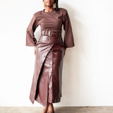 Lai High Waist Asymmetrical Button Skirt in Vegan Leather Mahogany