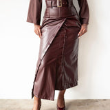 Lai High Waist Asymmetrical Button Skirt in Vegan Leather Mahogany