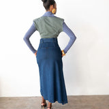 Valentina Exaggerated Collar Long Sleeve Color Block Cropped Top in Blue and Green