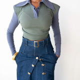 Valentina Exaggerated Collar Long Sleeve Color Block Cropped Top in Blue and Green