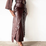 Lai High Waist Asymmetrical Button Skirt in Vegan Leather Mahogany