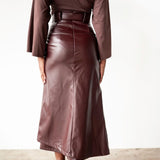 Lai High Waist Asymmetrical Button Skirt in Vegan Leather Mahogany